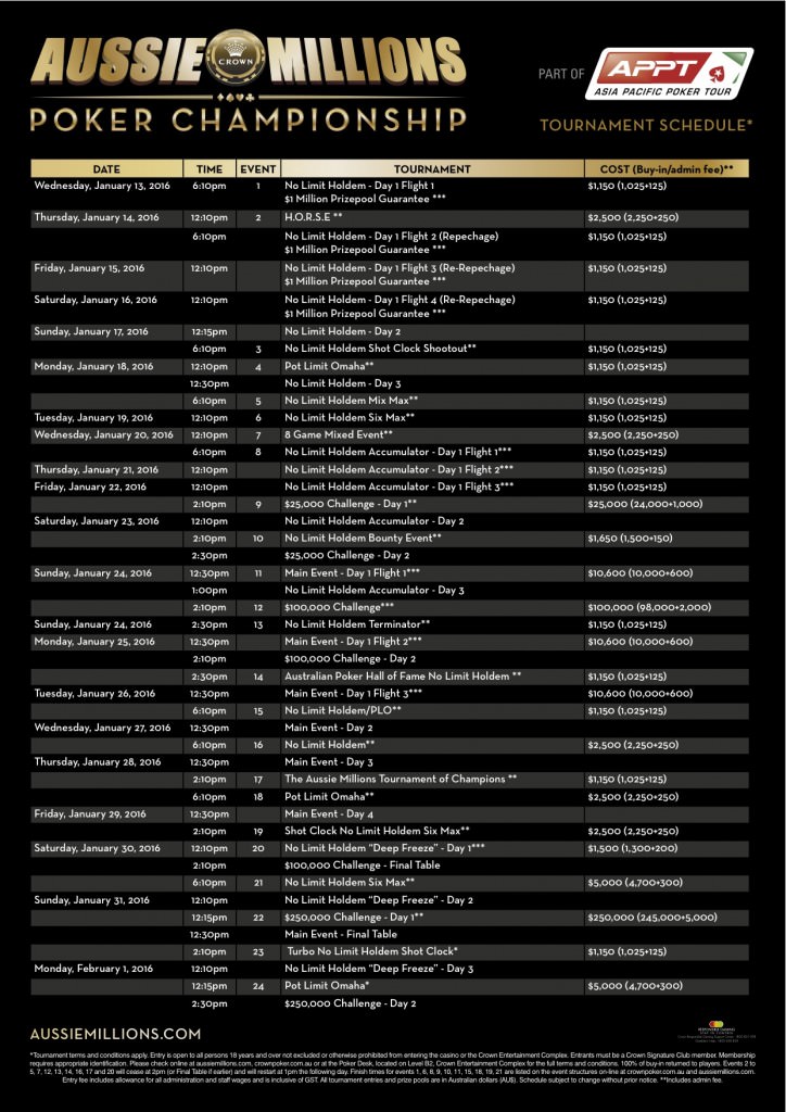 2016 Aussie Millions Tournament Schedule